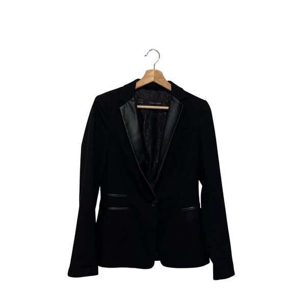 Zara Basic Black Single-Button Satin Lapels & Faux Leather Trim Women's Blazer S - Picture 1 of 8